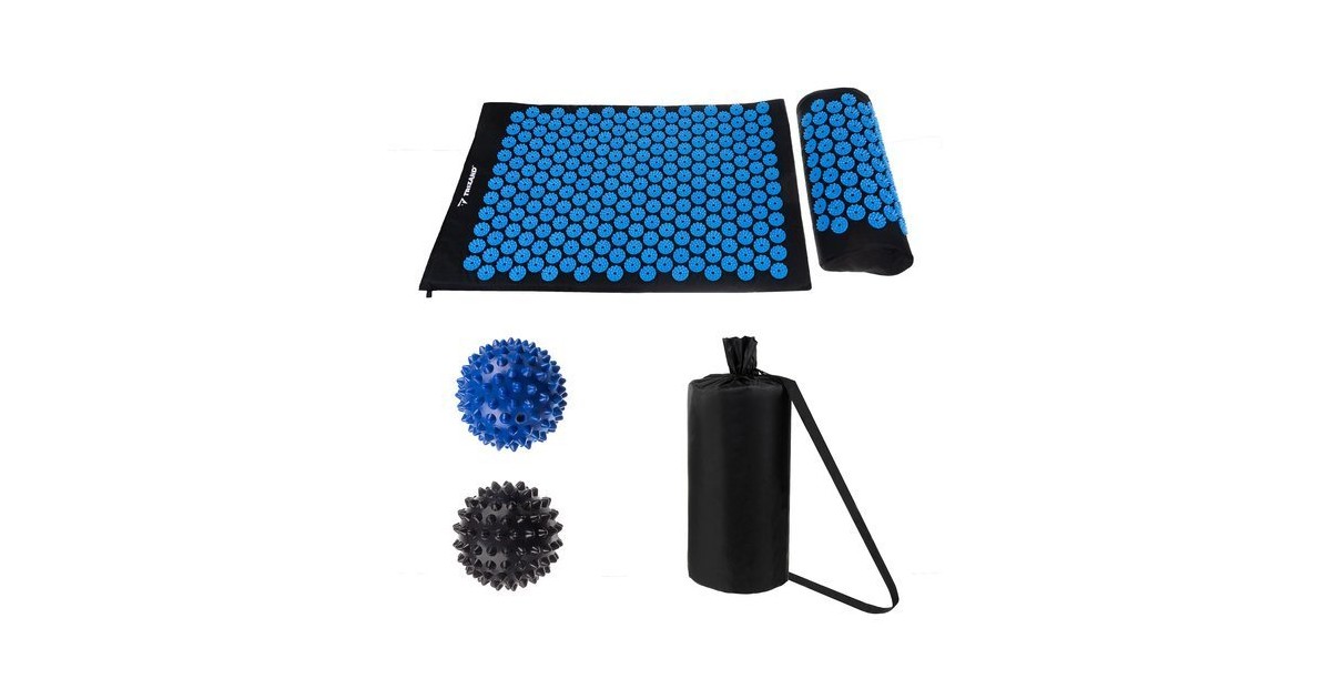 Akupresūrinis masažinis kilimėlis su pagalvėle, dviem kamuoliukais ir krepšiu